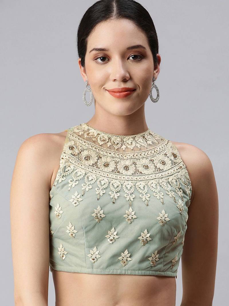 Image of Grey Net Readymade Sleeveless Blouse with Elegant Thread Embroidery from Lehera Fashions
