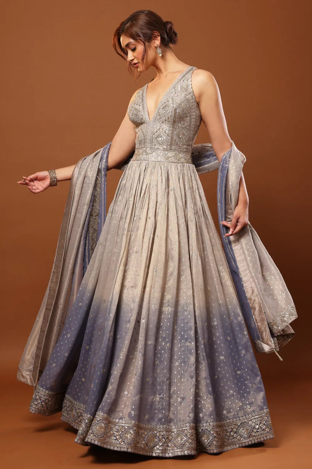 Grey to Blue Ombré Tissue Gown Set with Sequin Work Bodice & Dupatta