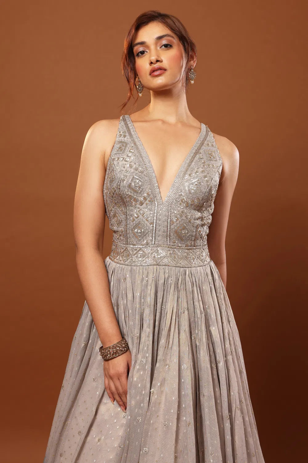 Grey to Blue Ombré Tissue Gown Set with Sequin Work Bodice & Dupatta - Image 1