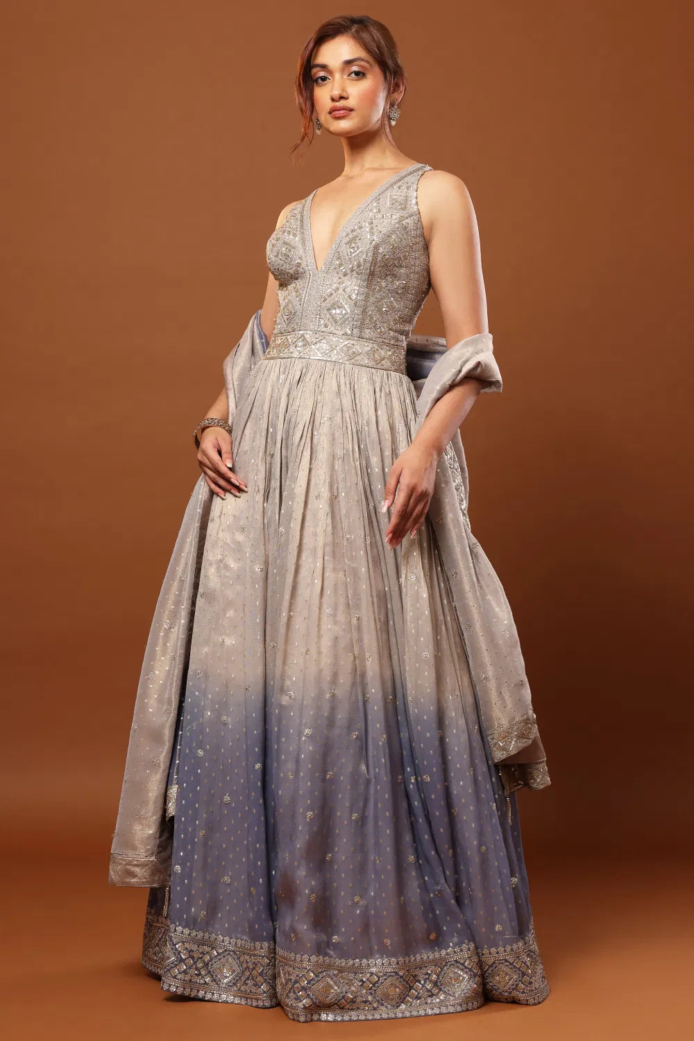 Grey to Blue Ombré Tissue Gown Set with Sequin Work Bodice & Dupatta