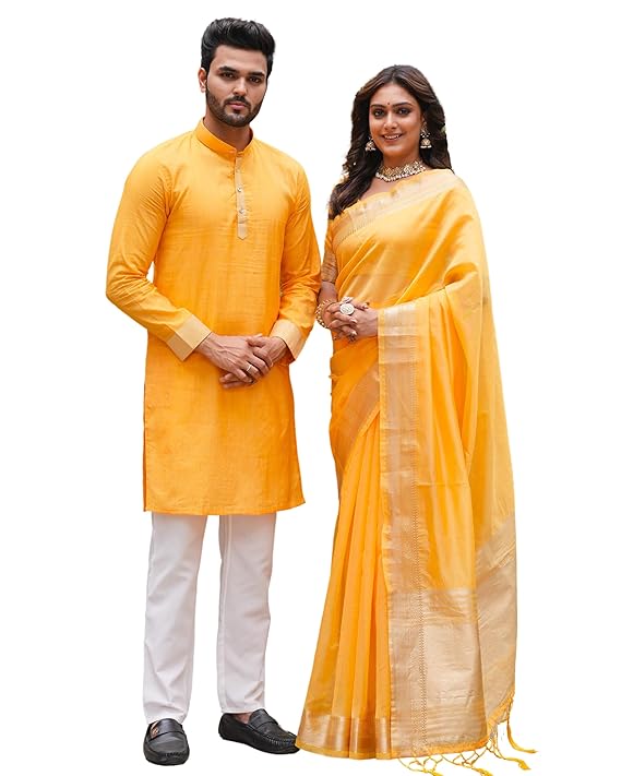 Image of Haldi Yellow Couple Dress Silk Saree & Kurta Pajama from Lehera Fashions