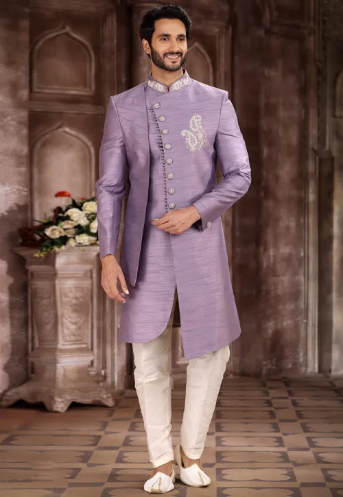 Image of Hand Embroidered Art Silk Asymmetric Sherwani in Light Purple from Lehera Fashions