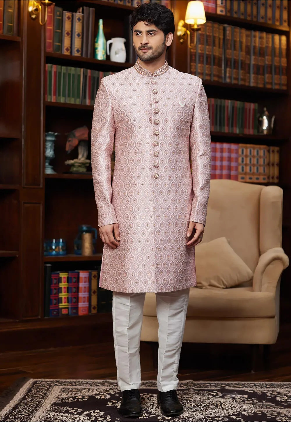 Image of Hand Embroidered Art Silk Jacquard Sherwani in Pink from Lehera Fashions