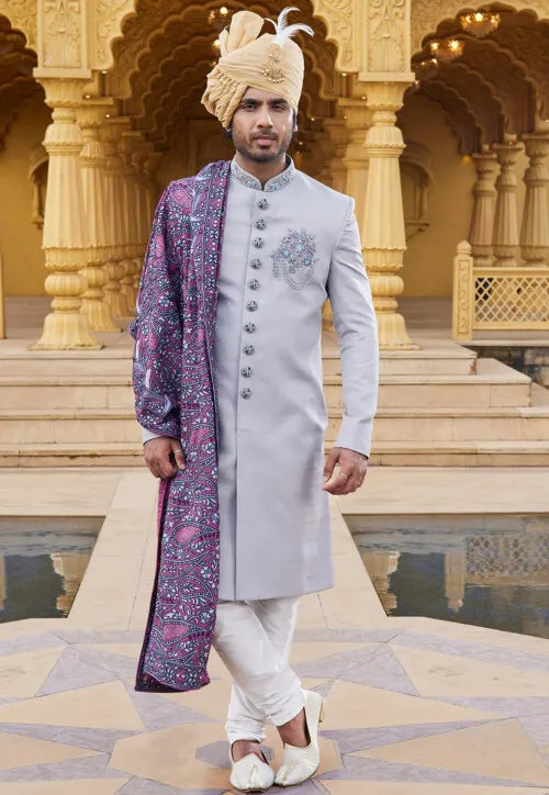 Image of Hand Embroidered Art Silk Sherwani in Grey from Lehera Fashions