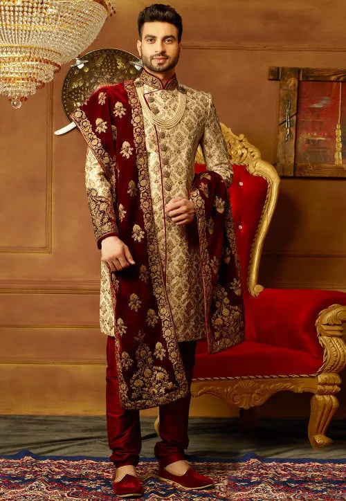 Image of Hand Embroidered Art Silk Sherwani in Light Beige from Lehera Fashions