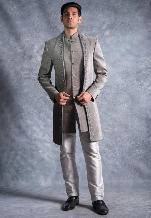 Image of Hand Embroidered Suede Silk Sherwani in Grey from Lehera Fashions