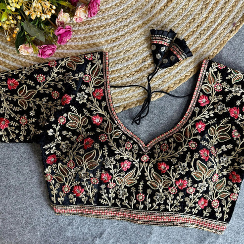 Heavy Embroidered V Neck Designer Velvet Bridal Blouse