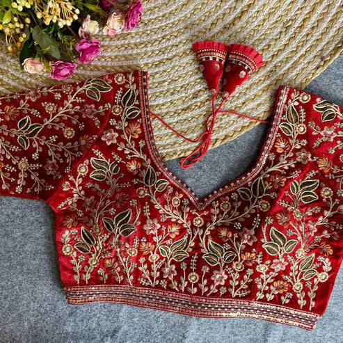Heavy Embroidered V Neck Designer Velvet Bridal Blouse