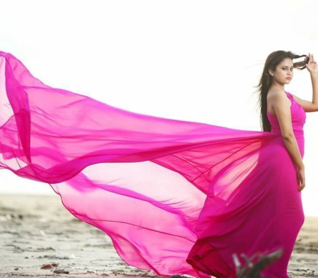 Image of Hot Pink One-Shoulder Mega Trail Gown - Pre Weddings from Lehera Fashions