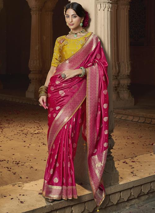 Image of Hot Pink Pure Satin Embroidery Work Wedding Wear Saree from Lehera Fashions