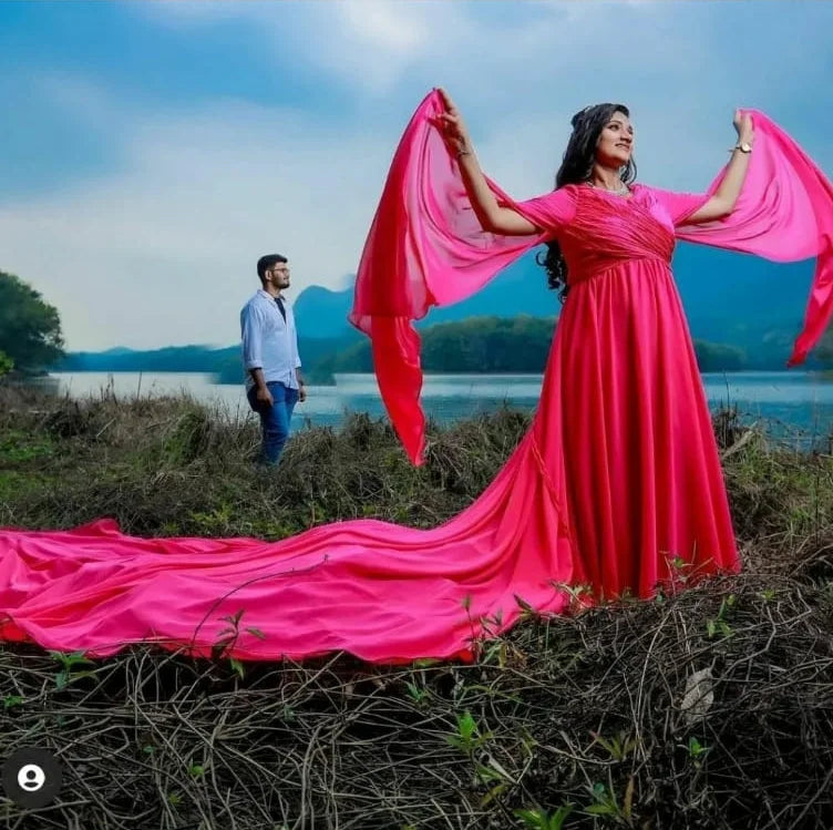 Image of Hot Pink Wing Sleeves Mega Trail Gown - Pre Wedding from Lehera Fashions