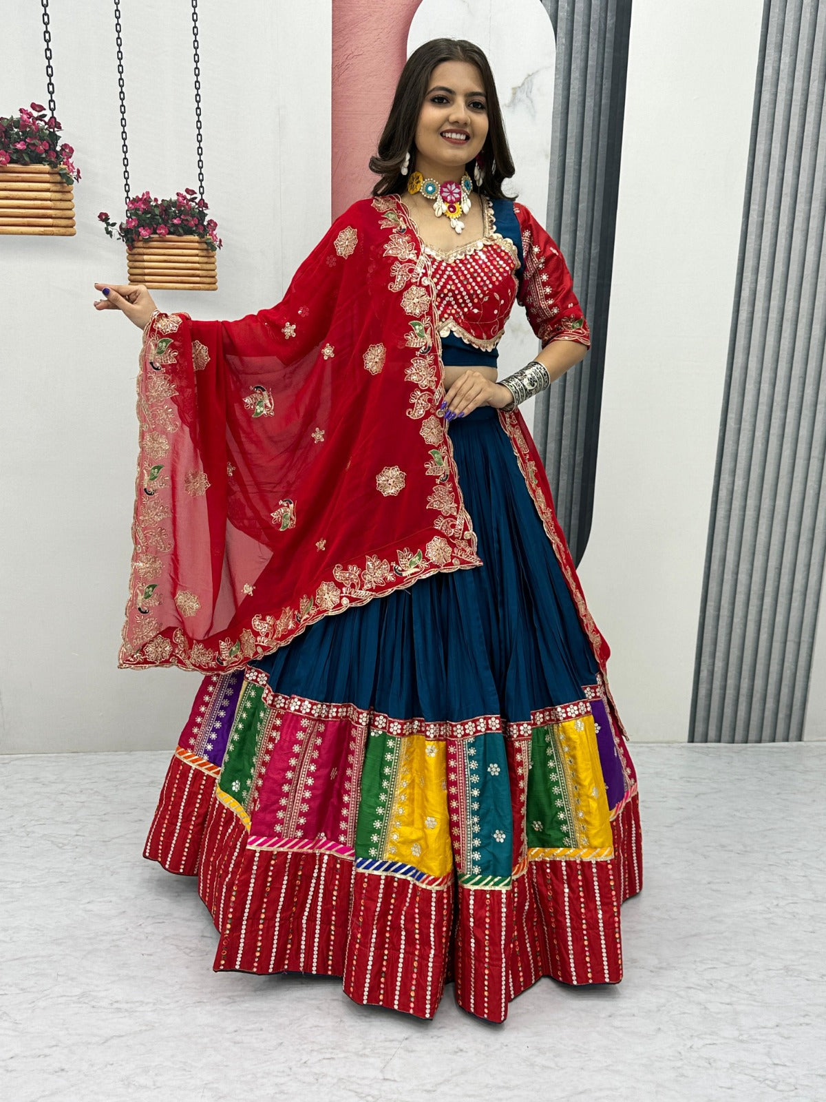 Image of Navratri Special Pure Cotton Embroidered Lehenga Choli Set – 6 Meter Flair | Lehera Fashions NZ from Lehera Fashions