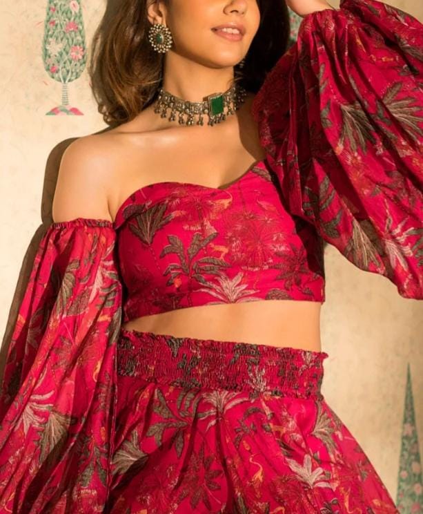 Image of Crimson Bloom Off-Shoulder Co-ord Set with Puff Sleeves from Lehera Fashions