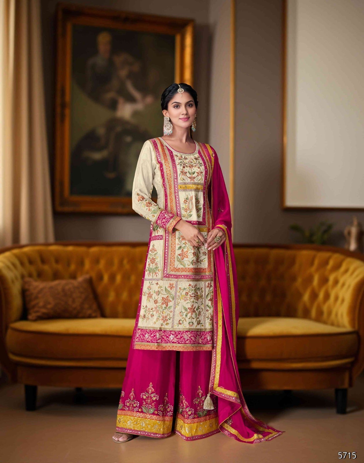 Image of Pakistani Palazzo Suit in Beige Shimmer Silk with Embroidery & Stone Work from Lehera Fashions
