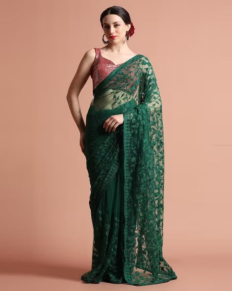 Jaipur Kurti Olive Floral Embroidered Net Saree