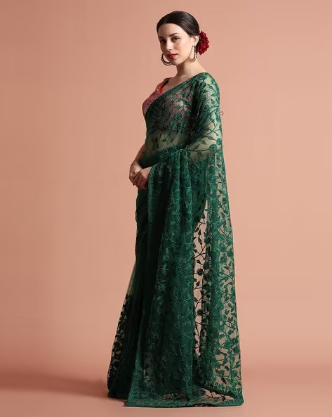 Jaipur Kurti Olive Floral Embroidered Net Saree