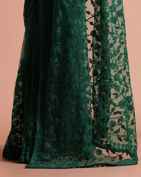 Jaipur Kurti Olive Floral Embroidered Net Saree