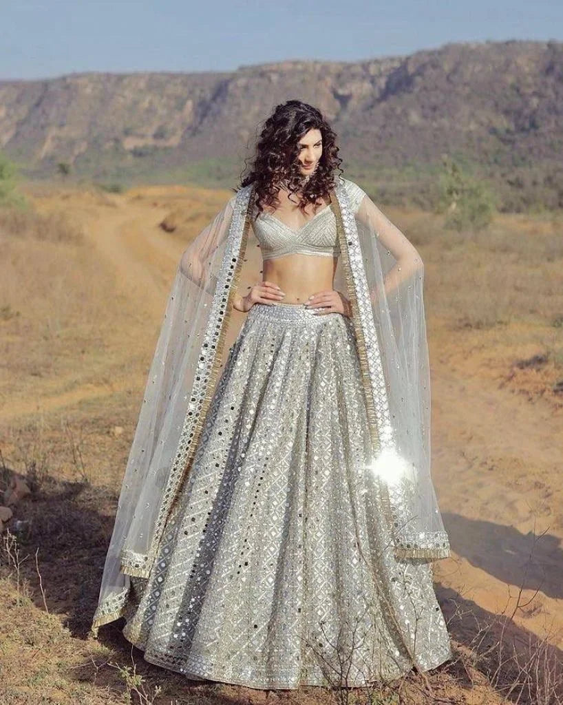 Image of Launching New Silver Colour Mono Satin Silk Lehenga with Foil Mirror from Lehera Fashions