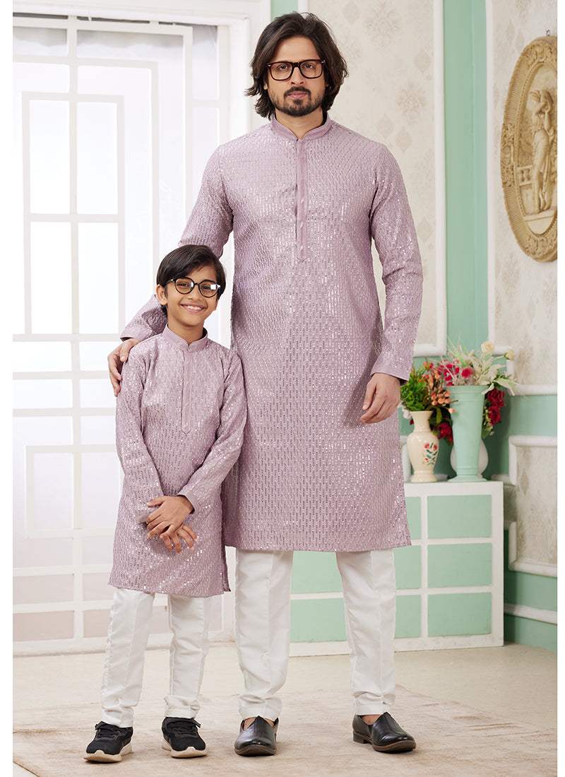 Image of Lilac Art Silk Father-Son Kurta Set – Festival Wear with Thread Work | Leherafashions NZ from Lehera Fashions