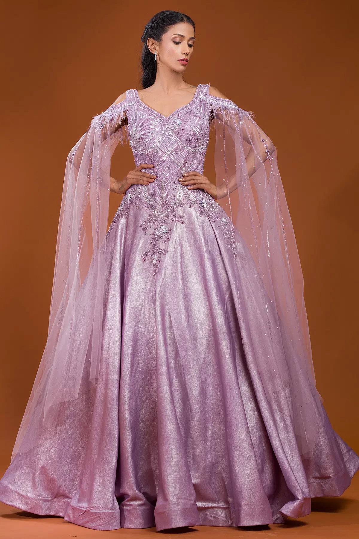 Image of Lilac Sequins Embroidered Shimmer Indowestern Gown from Lehera Fashions