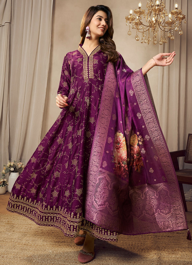Image of Magenta-Silk-Party Wear-Embroidery Work-Readymade Anarkali Suit from Lehera Fashions