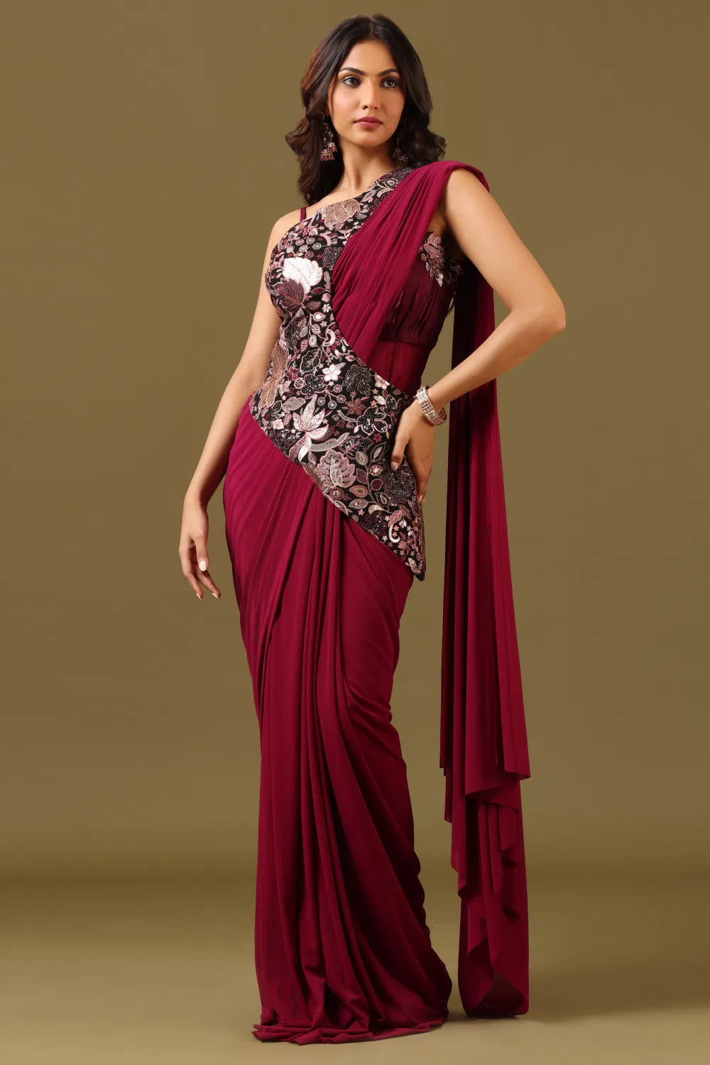 Image of Magenta Wine Pre-Stitched Saree Gown with Multi-Colored Thread Work Top & Draped Pallu from Lehera Fashions