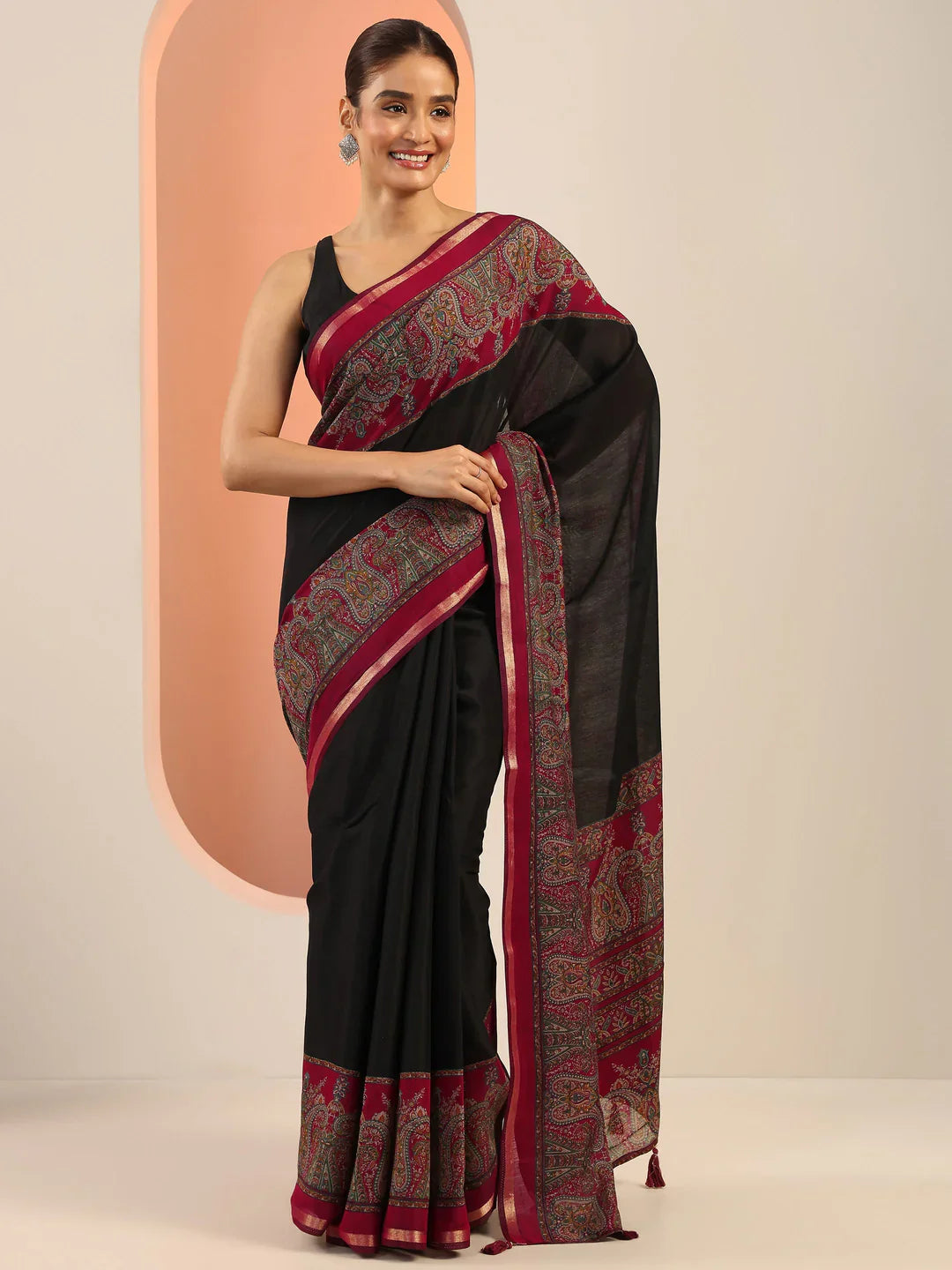 Majestic Black Handprinted Cotton Saree with Unstitched Blouse Piece