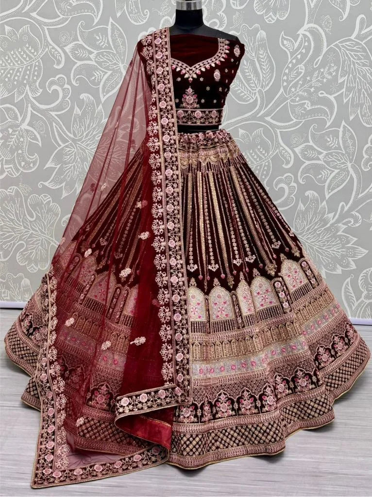 Image of Maroon Celebrity Bridal Velvet Lehenga Choli from Lehera Fashions