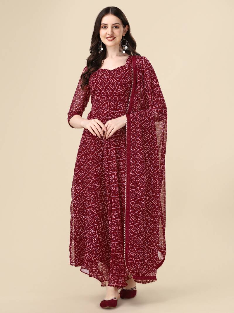 Image of Maroon Color Georggette Printed Bandhni Kurti With Dupatta from Lehera Fashions