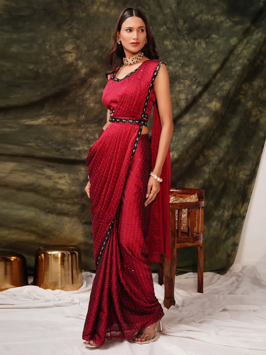 Image of Red & Maroon Satin Silk Wedding Readymade Saree with Stone Work from Lehera Fashions