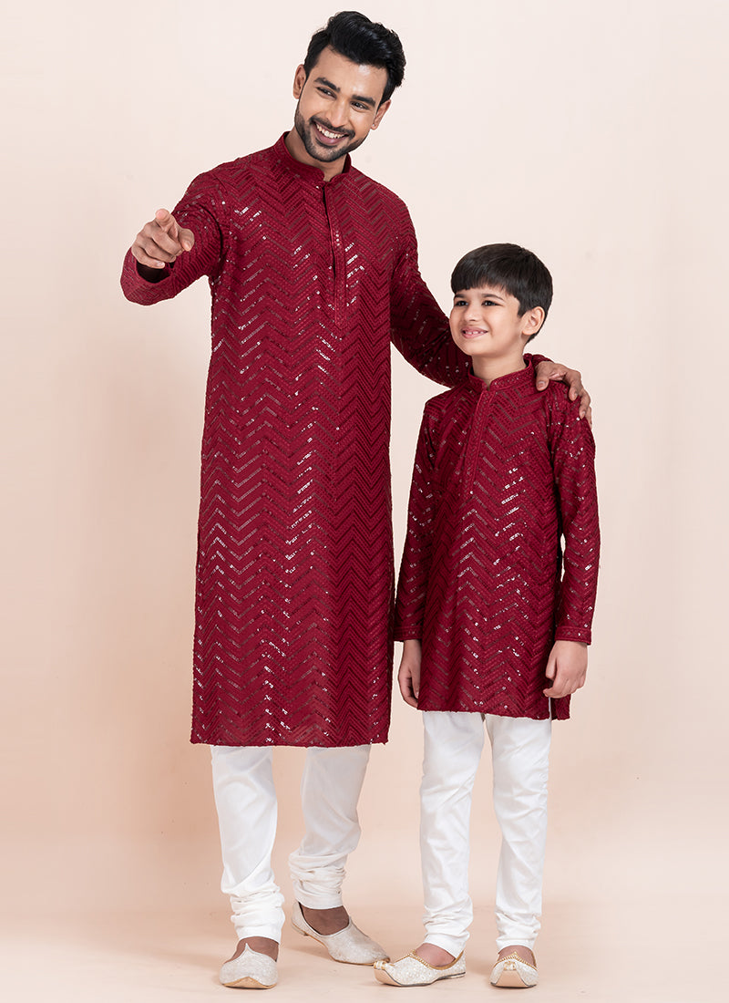 Image of Maroon Viscose Rayon Father-Son Combo Set – Eid Wear with Sequins Work | Leherafashions NZ from Lehera Fashions
