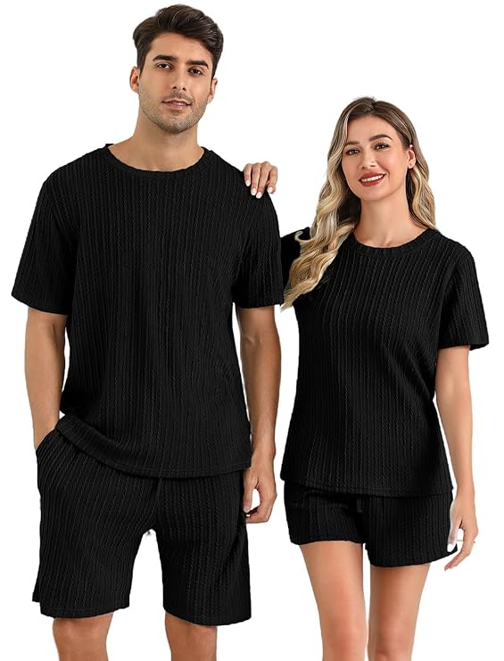 Image of Matching Pajamas for Couples Ribbed Knit Pajama Short Sleeve Soft Sleepwear 2 Piece Loungewear from Lehera Fashions