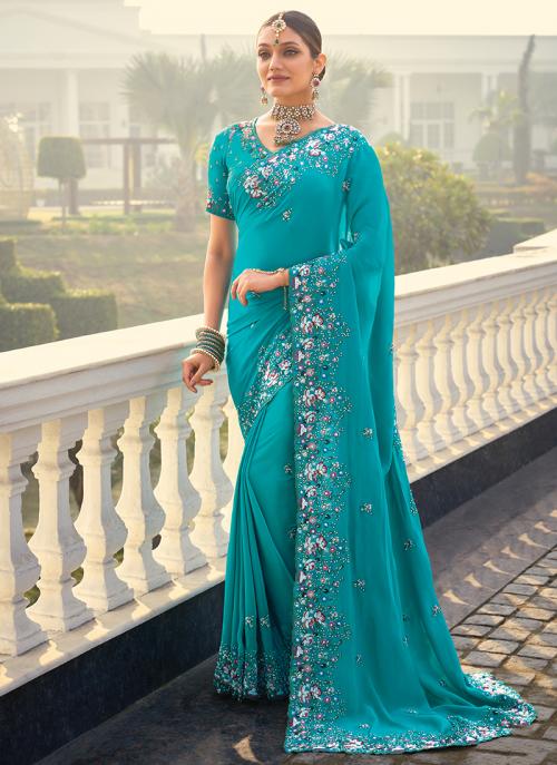 Image of Mesmerizing Firozi Pure Crepe Cut Dana Work Wedding Saree from Lehera Fashions