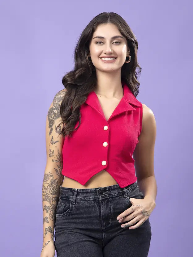 Metronaut Stylish Solid Pink Cotton Top for Women