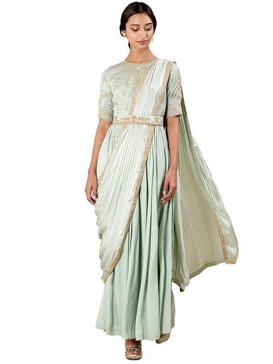 Image of Mint Embroidered Chanderi Pre-Draped Saree (Kurta with Sharara and Dupatta) from Lehera Fashions
