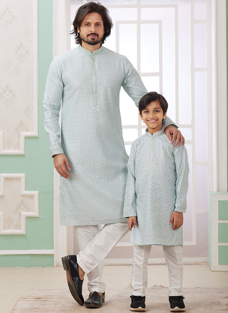Image of Mint Green Art Silk Father-Son Kurta Set – Festival Wear with Thread Work | Leherafashions NZ from Lehera Fashions