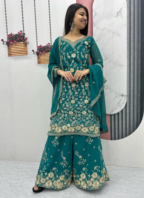 Image of Morpeach Georgette Embroidery Work Festival Wear Readymade Palazzo Suit from Lehera Fashions