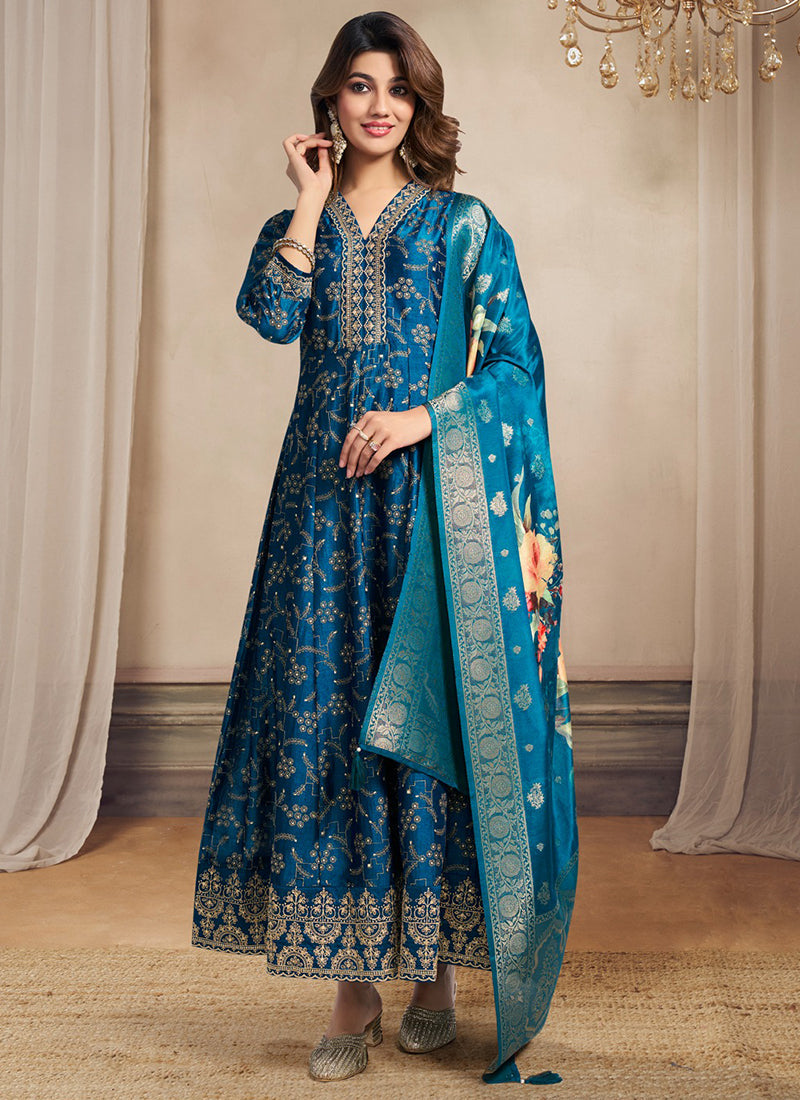 Image of Morpeach Silk Anarkali Suit with Embroidery Work - Party Wear | Readymade from Lehera Fashions