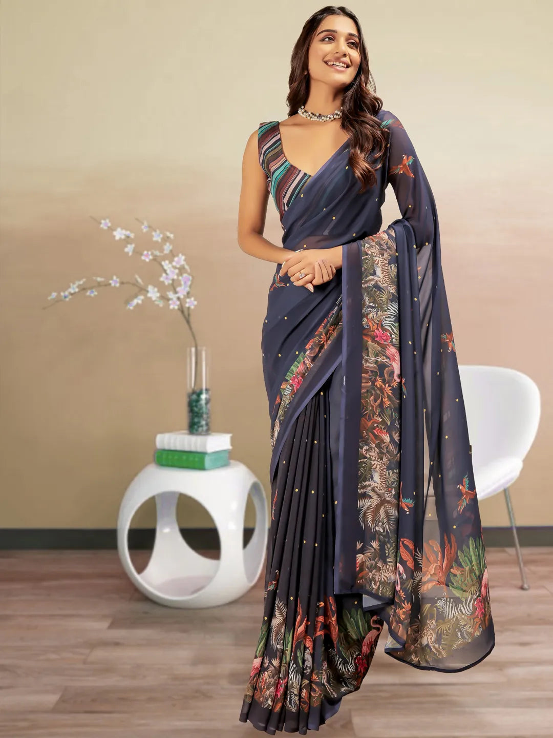 Image of Multicolor Georgette Party Wear Readymade Saree with Printed Design from Lehera Fashions