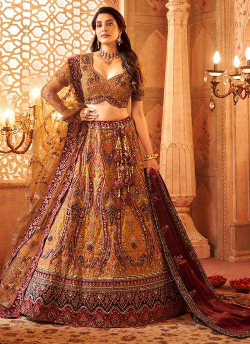 Image of Mustard Velvet Embroidery Work Bridal Wear Lehenga Choli from Lehera Fashions