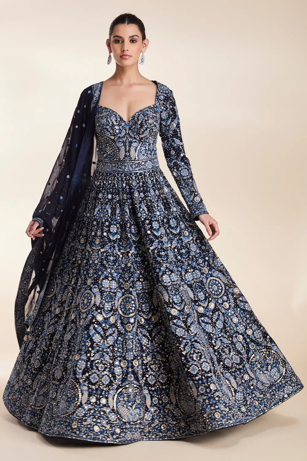 Image of Navy Blue Classic Gown with All-Over Colored Thread Work, Crystal & Sequin Embellishments from Lehera Fashions