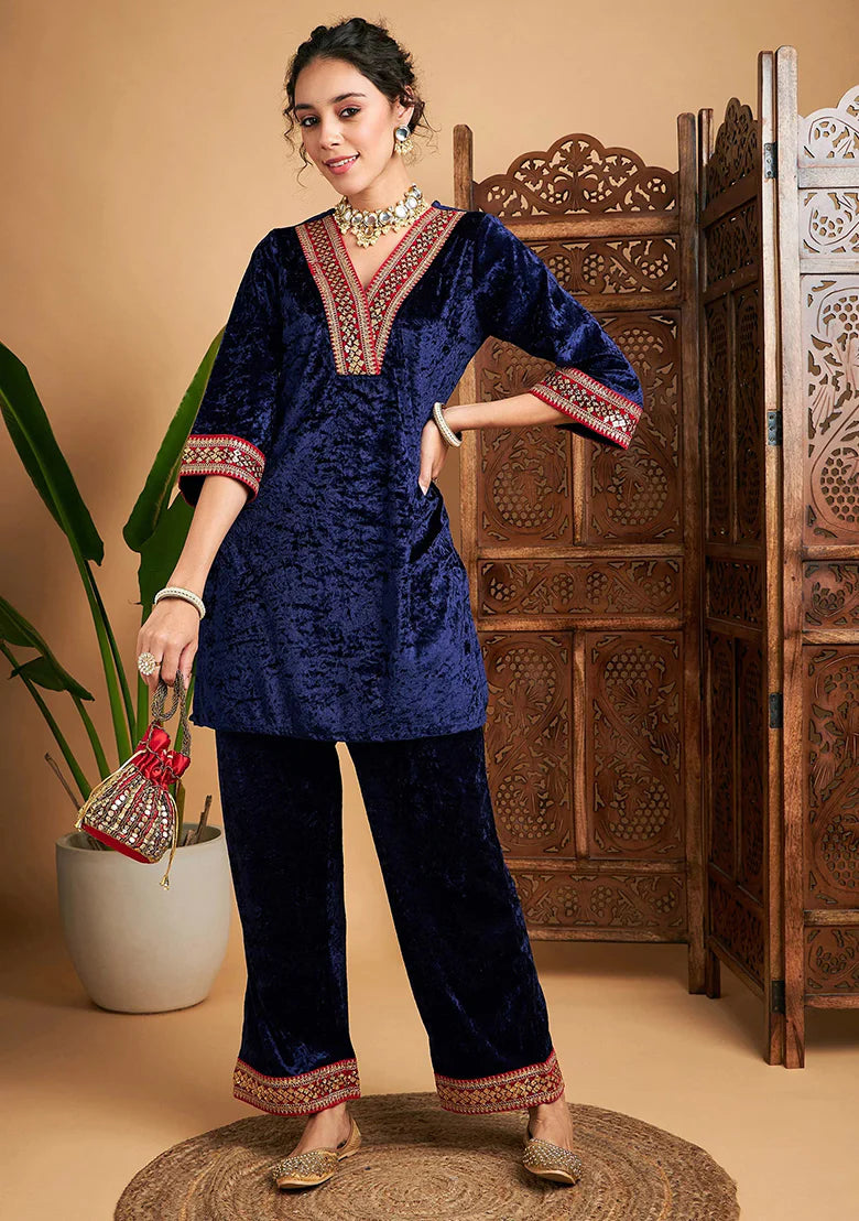 Image of Navy Blue Embroidered Velvet Co-Ord Set from Lehera Fashions