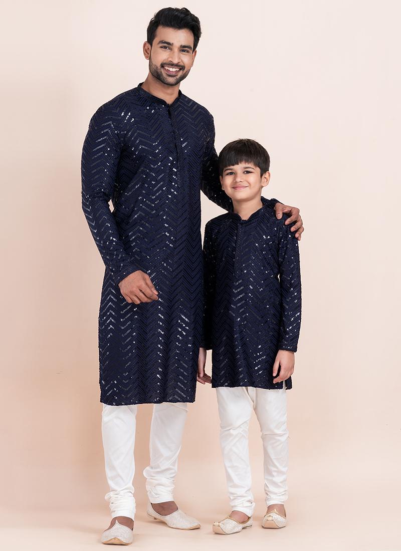 Image of Navy Blue Viscose Rayon Father-Son Combo Set – Eid Wear with Sequins Work | Leherafashions NZ from Lehera Fashions