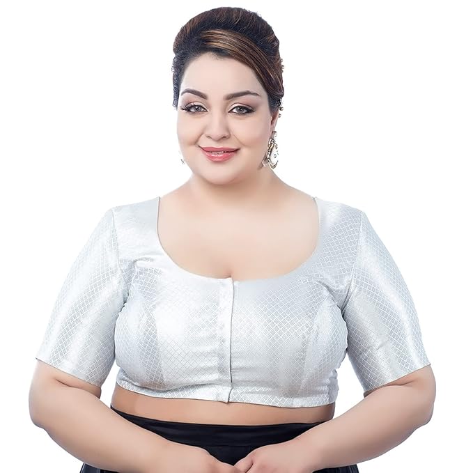 Neckbook Women's Silver Brocade Elbow Sleeve Plus Size Readymade Saree Blouse - Image 1