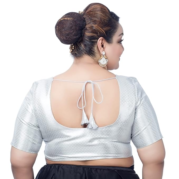 Neckbook Silver Brocade Elbow Sleeve Plus Size  Blouse