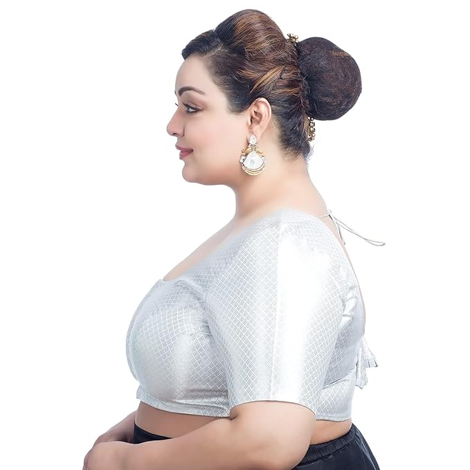 Neckbook Silver Brocade Elbow Sleeve Plus Size  Blouse