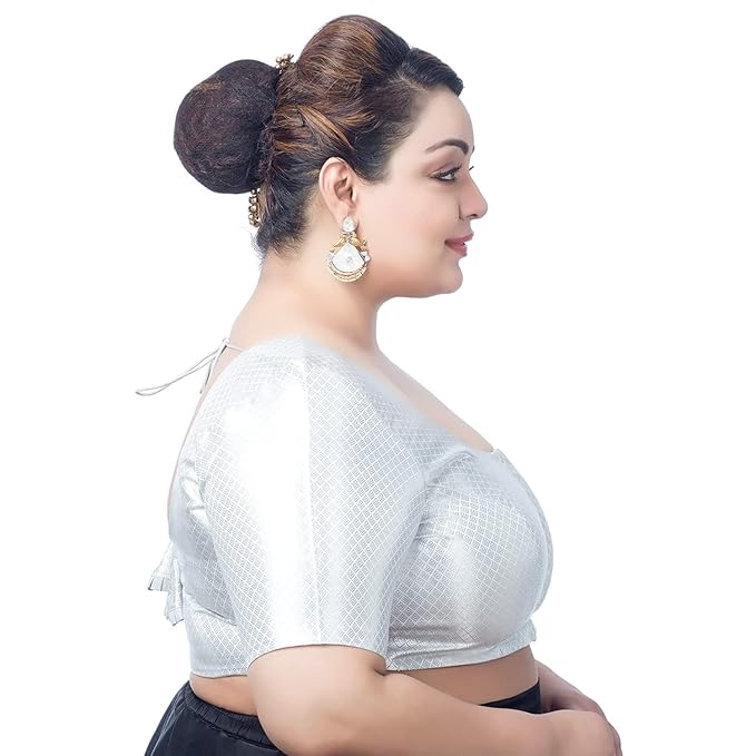 Neckbook Silver Brocade Elbow Sleeve Plus Size  Blouse