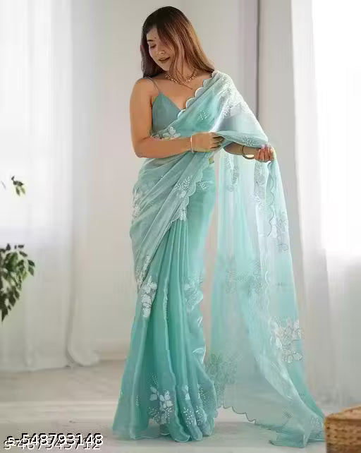 New Party Wear Fancy Jimi Cho Aqua Blue Embroidery Saree