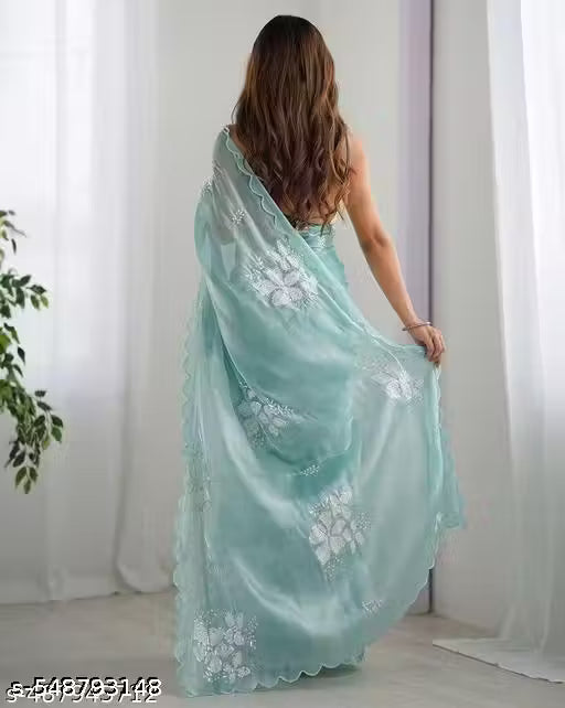 New Party Wear Fancy Jimi Cho Aqua Blue Embroidery Saree