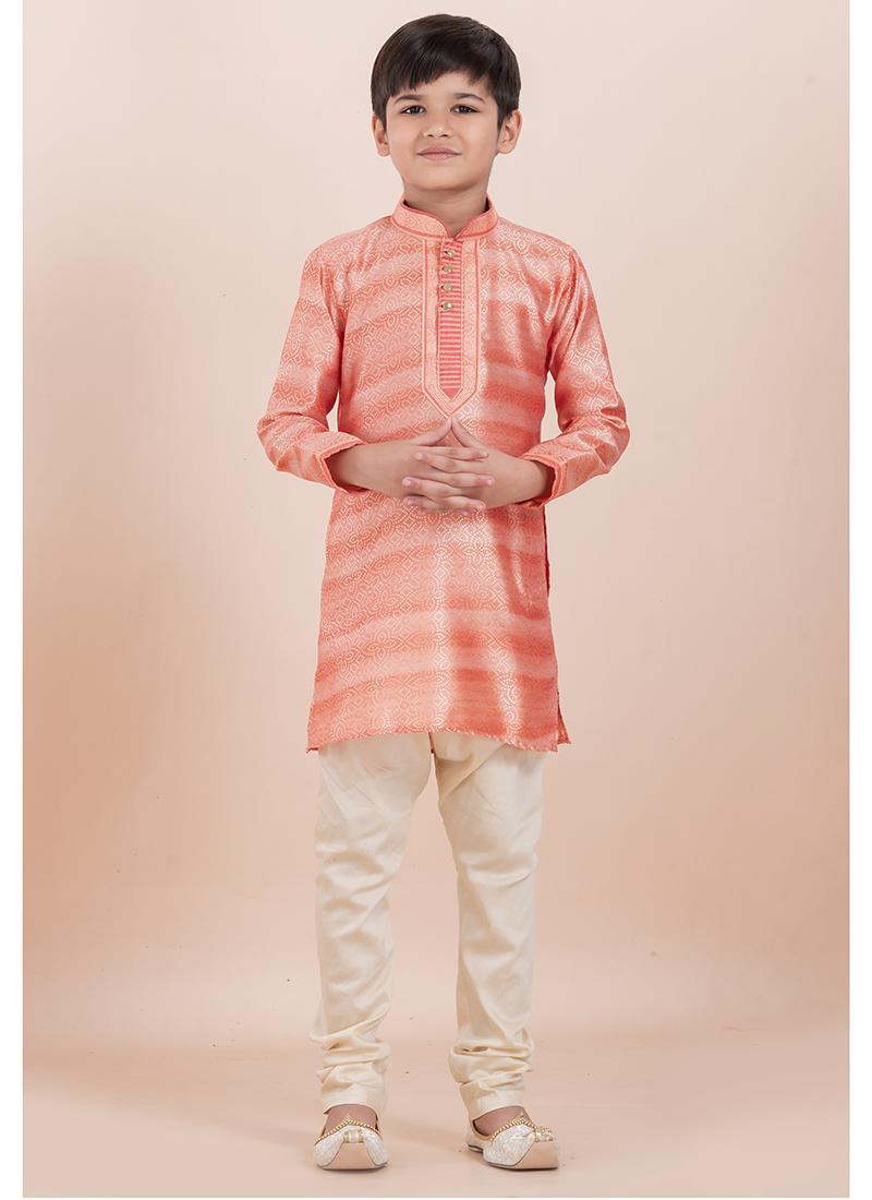 Image of Orange Cotton Festival Wear Jacquard Work Readymade Kids Kurta Pajama from Lehera Fashions